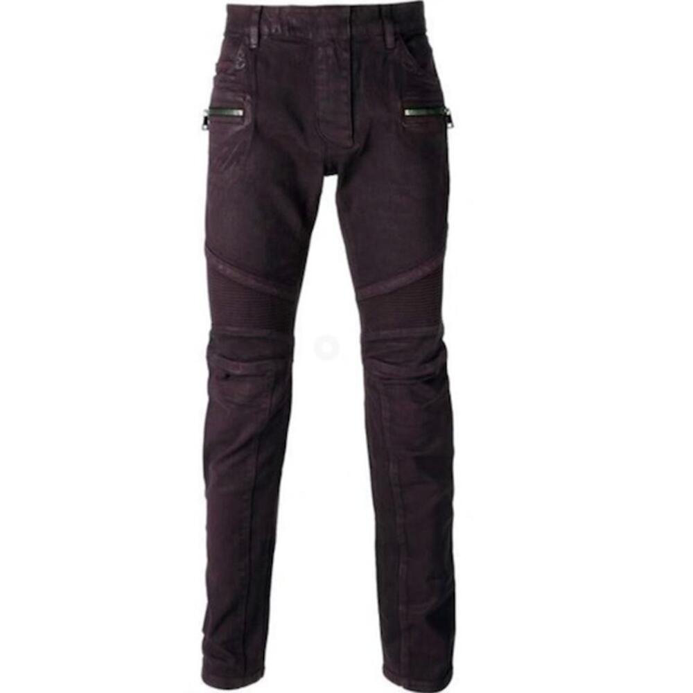 Balmain Paris Men's Denim Biker Moto Jeans Burgundy Size 32x30